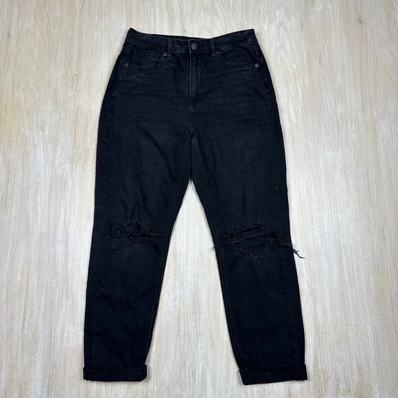 American Eagle Black Mom Jean Dark Wash High Rise Distressed Denim Jeans 4 - Picture 1 of 15